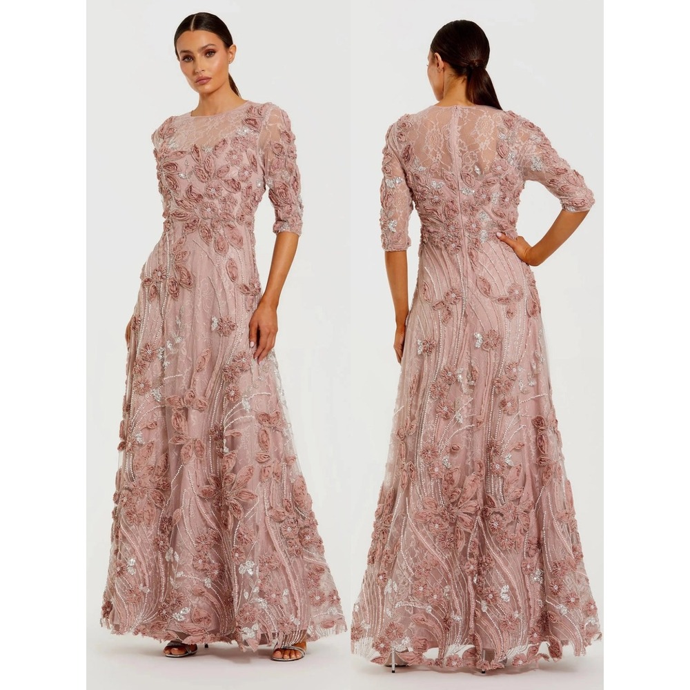 NWT Mac Duggal Pink High Neck Embellished Lace Gown 3/4 Sleeves $598 Size 10